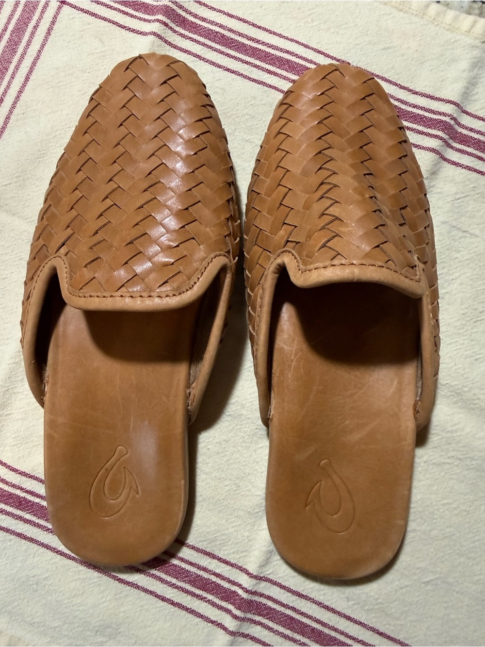 OluKai Woven Leather Slide Mules - Cognac